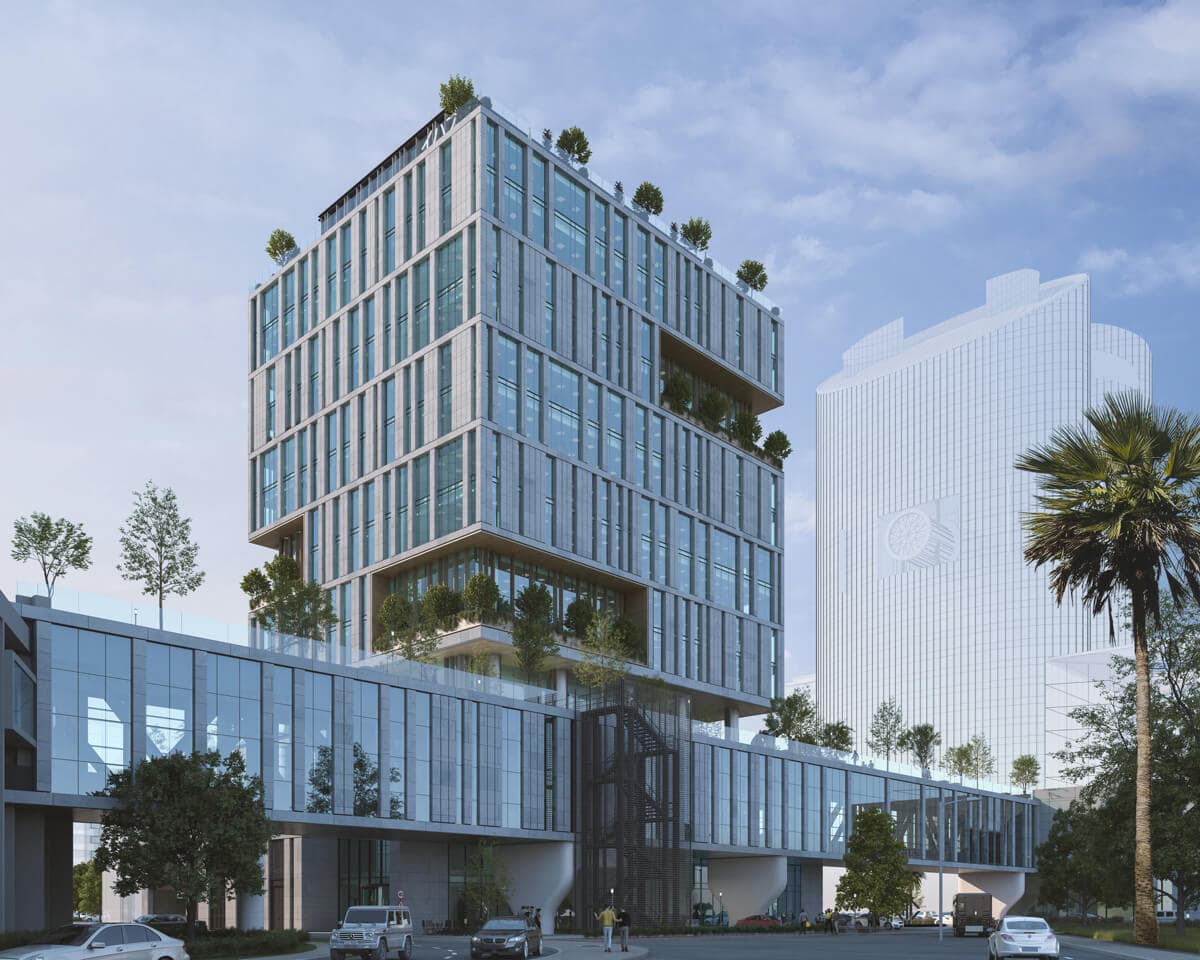 DIFC CP50, Dubai — terraced commercial tower with planted balconies.